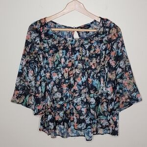 Jessica Simpson | Dark Floral Semi-Sheer Blouse with Pintuck Detail Size XS